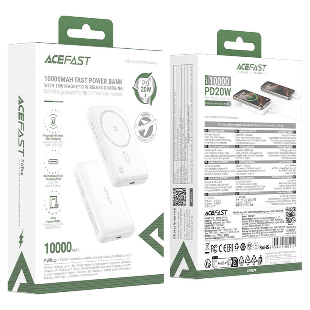 Zunanja baterija Acefast M26, 10000mAh, 20W, PD + FQI, 1 x QI - 1 x USB-C, Bela