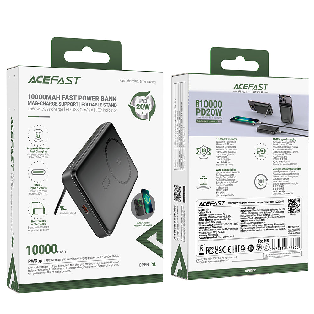 Zunanja baterija Acefast M6, 10000mAh, 20W, PD + FQI, 1 x QI - 1 x USB-C, črna