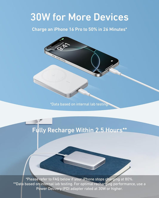 Anker MagGo Slim brezžična zunanja baterija, 10000 mAh, 30 W, PD + FQI, 1 x QI - 1 x USB-C, bela A1664H21 A1664H21