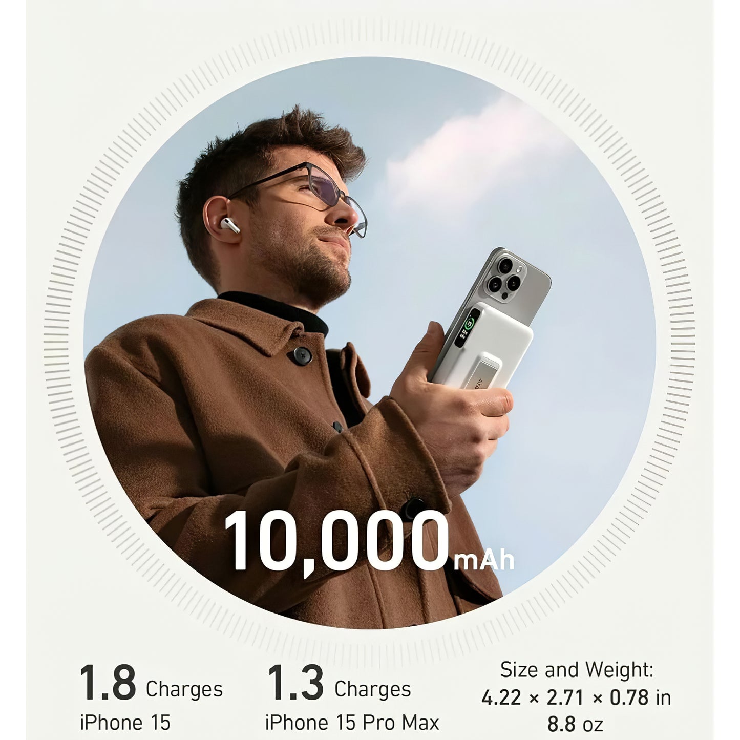 Anker MagGo brezžična zunanja baterija, 10000 mAh, 27 W, PD + FQI, 1 x QI - 1 x USB-C, bela A1654G21