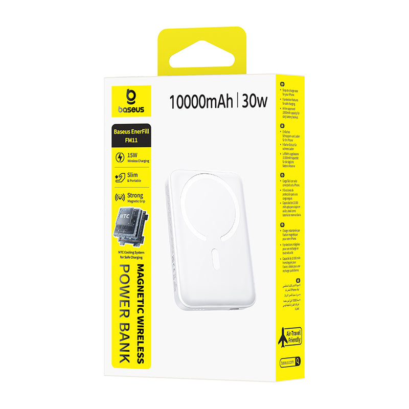 Baseus EnerFill FM11 Wireless External Battery, 10000mAh, 30W, PD + FQI, 1 x QI - 1 x USB-C, White