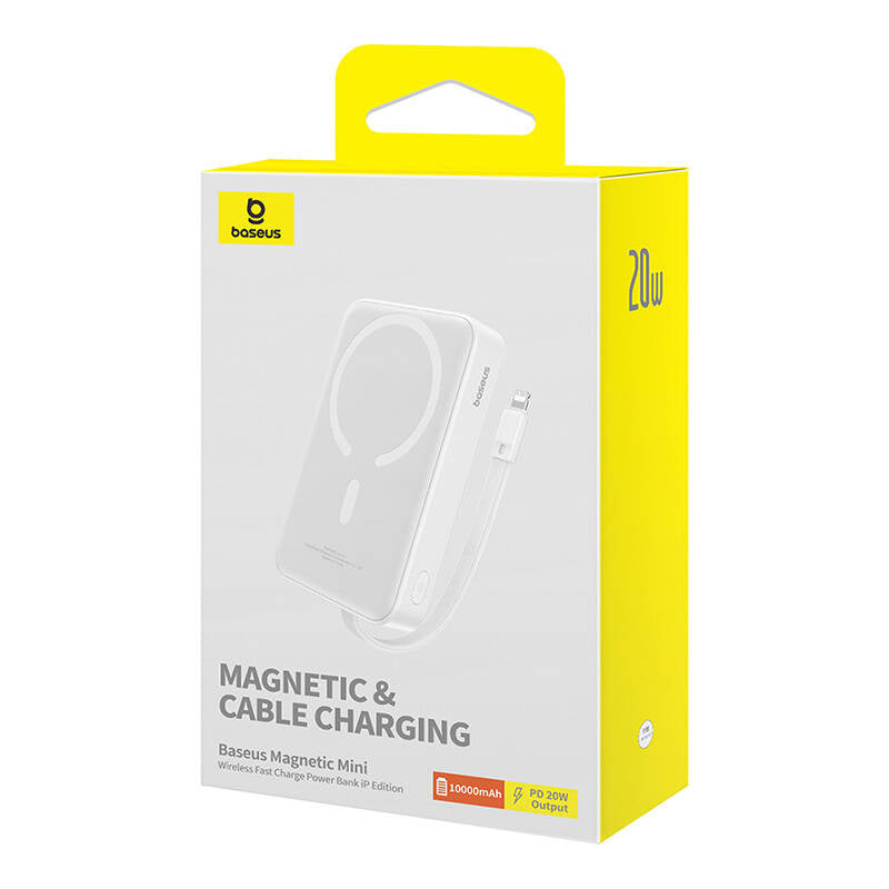 Baseus Magnetic Mini Wireless External Battery, 10000mAh, 20W, PD + FQI, 1 x Lightning - 1 x QI - 1 x USB-C, White P10022109223-00
