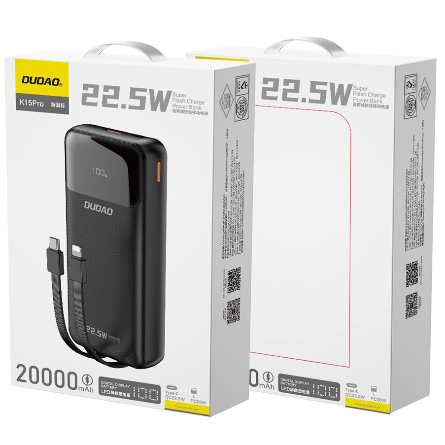 Zunanja baterija Dudao K15Pro, 20000mAh, 22.5W, QC + PD, 1 x Lightning - 1 x USB-A - 2 x USB-C, Črna