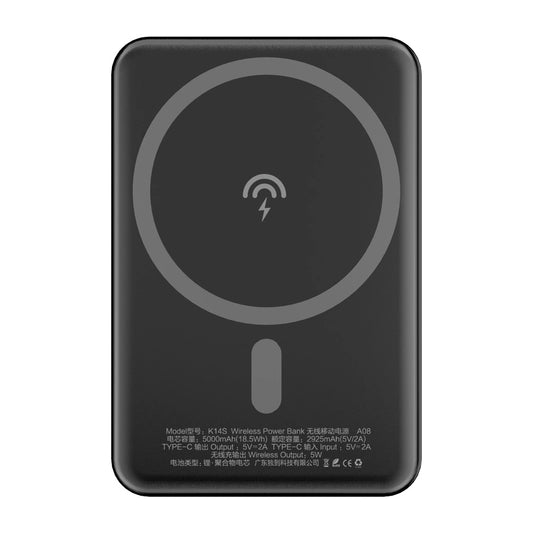 Dudao K14S brezžična zunanja baterija, 5000 mAh, 10 W, PD + QI, 1 x QI - 1 x USB-C, črna