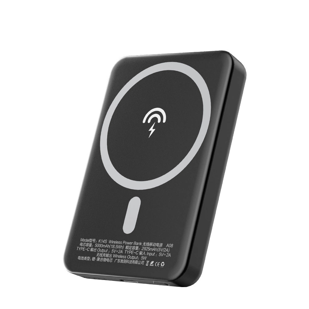Wireless External Battery Dudao K14S, 5000mAh, 10W, PD + QI, 1 x QI - 1 x USB-C, Black