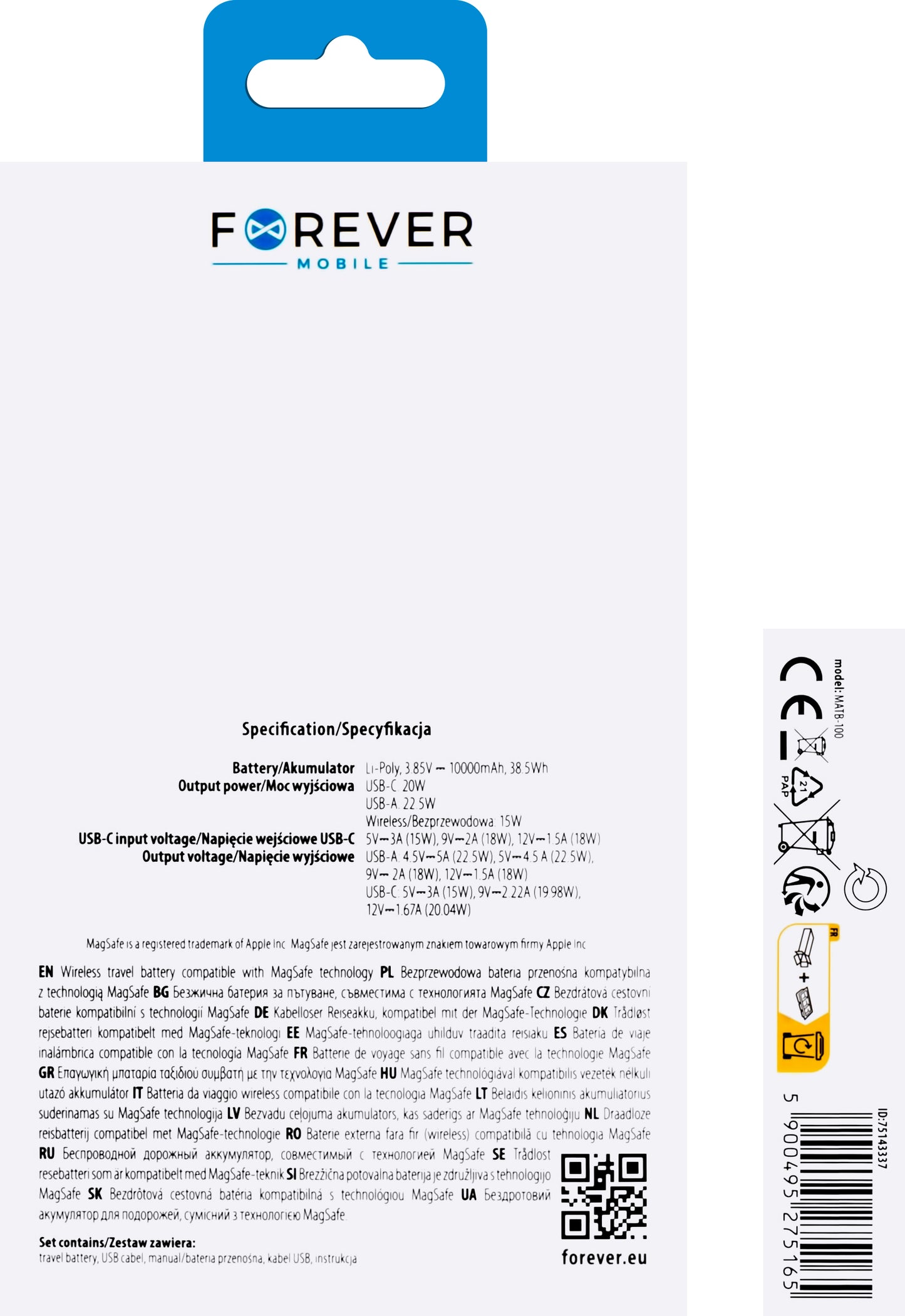 Forever MATB-100 Brezžični zunanji baterijski vložek, 10000 mAh, 22,5 W, QC + PD + FQI, 1 x QI - 1 x USB-A - 1 x USB-C, črn