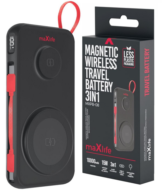 Zunanja baterija Wireless MaXlife MXPB-08, 10000mAh, 22.5W, QC + PD + FQI + QI, 1 x USB-A - 1 x USB-C - 2 x QI, Črna