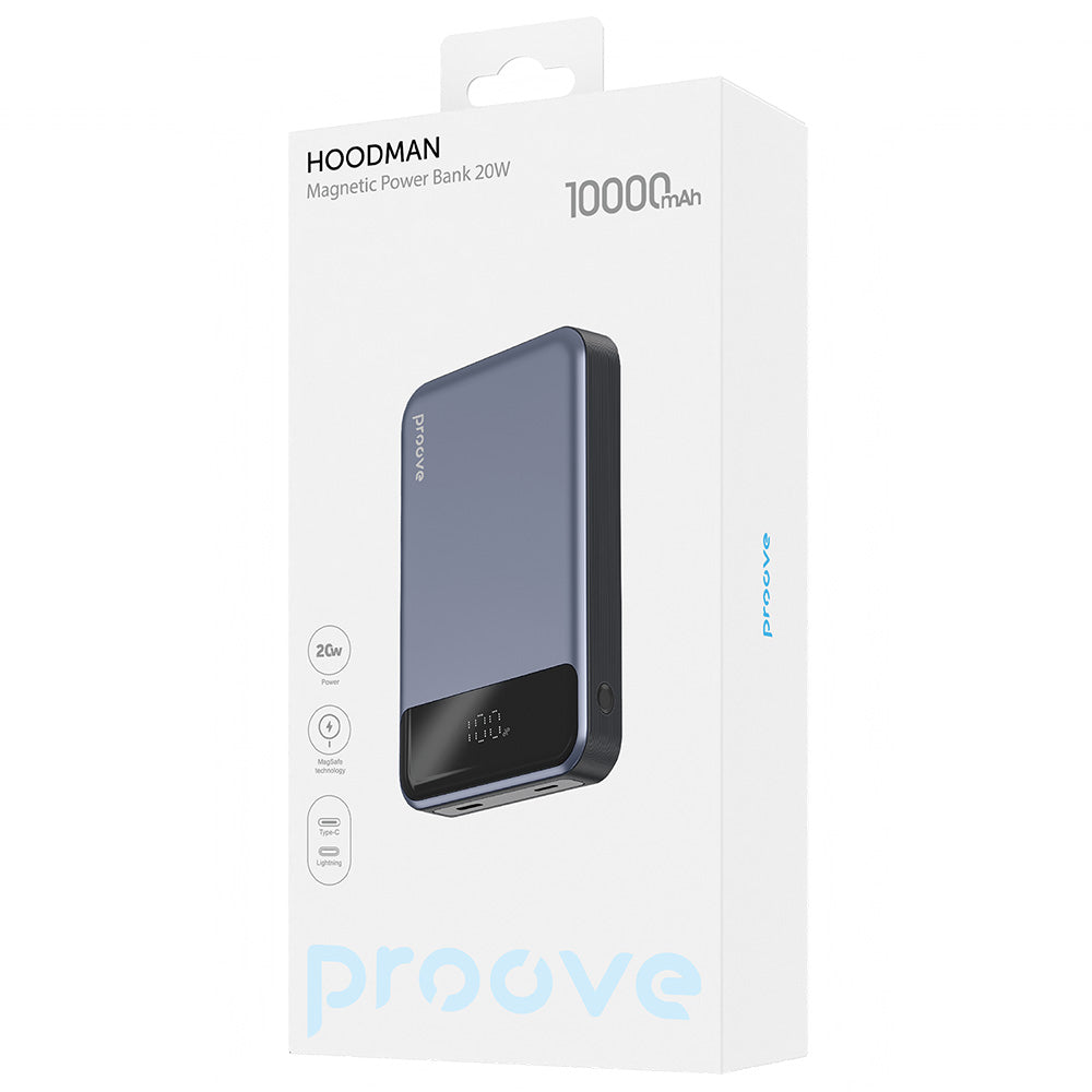 Zunanja baterija Wireless Proove Hoodman, 10000mAh, 20W, PD + FQI, 1 x QI - 1 x USB-C, Siva PBH120010003