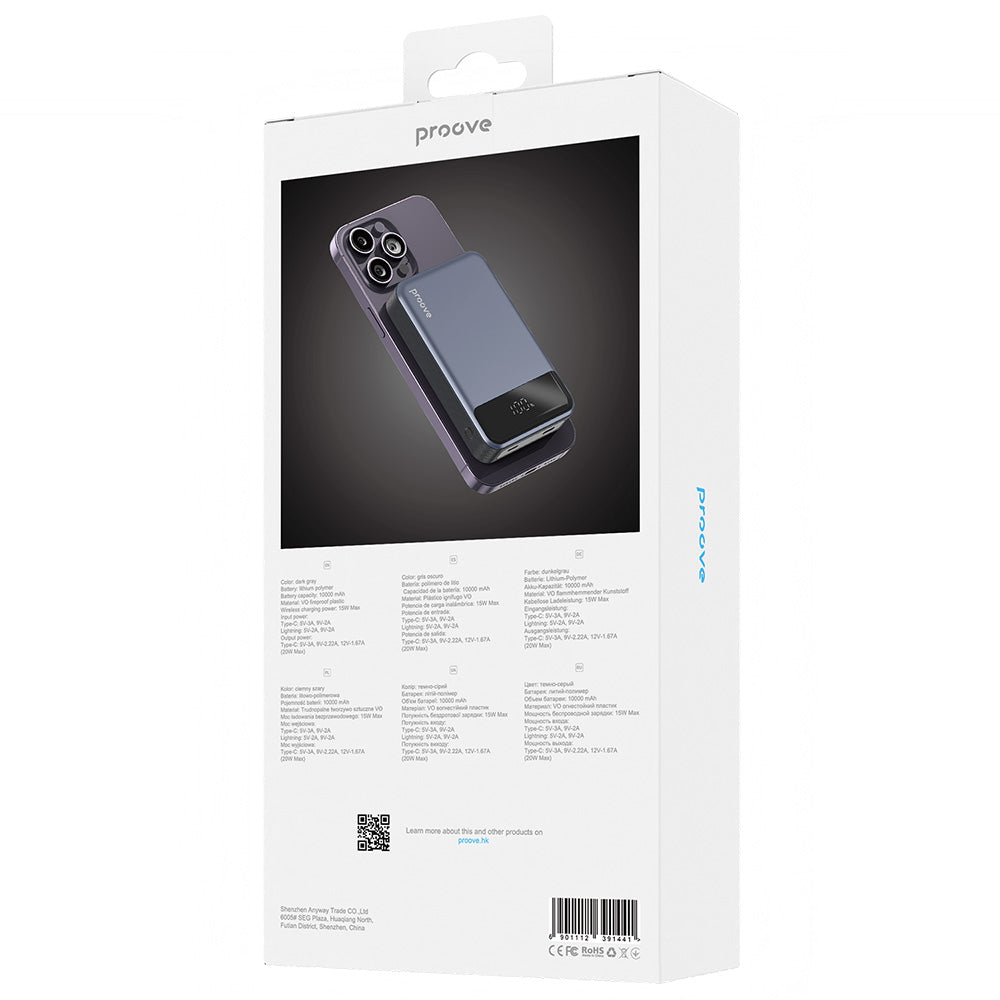 Zunanja baterija Wireless Proove Hoodman, 10000mAh, 20W, PD + FQI, 1 x QI - 1 x USB-C, Siva PBH120010003