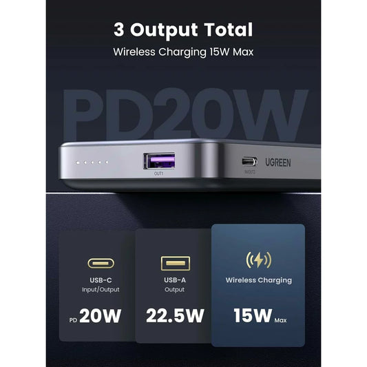 UGREEN PB206 Brezžična zunanja baterija, 10000 mAh, 20 W, QC + PD + FQI, 1 x QI - 1 x USB-A - 1 x USB-C, siva