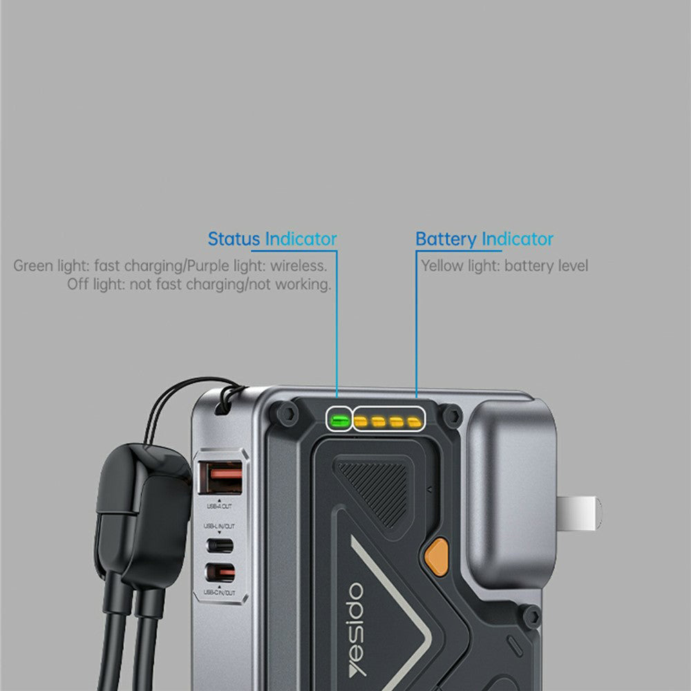 Zunanja baterija Yesido YP89, 10000mAh, 22.5W, QC + PD + FQI, 1 x Lightning - 1 x QI - 1 x USB-A - 1 x USB-C, Siva