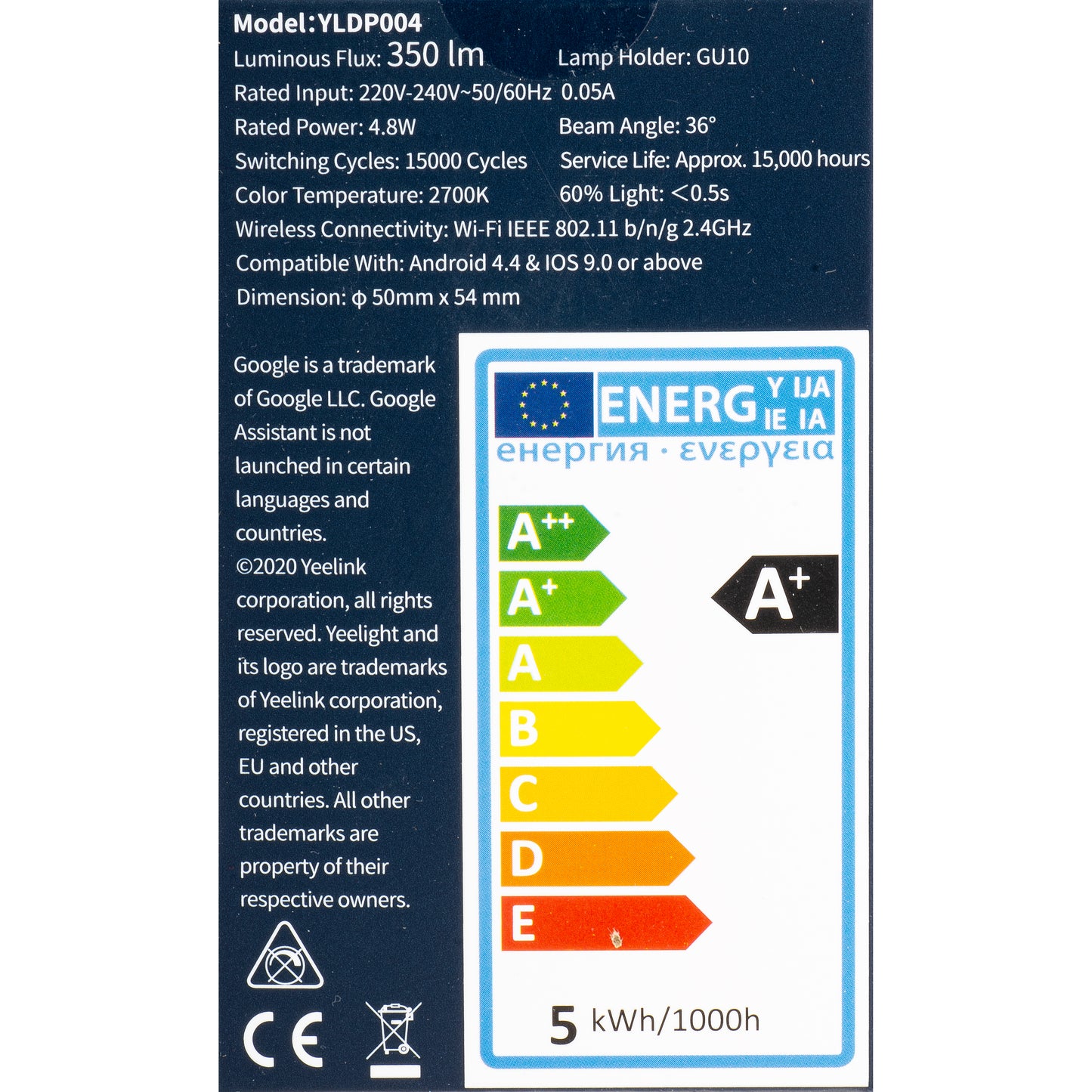 LED žarnica Yeelight W1, Wi-Fi, GU10, 4.8W, 2700K, 350lm YLDP004