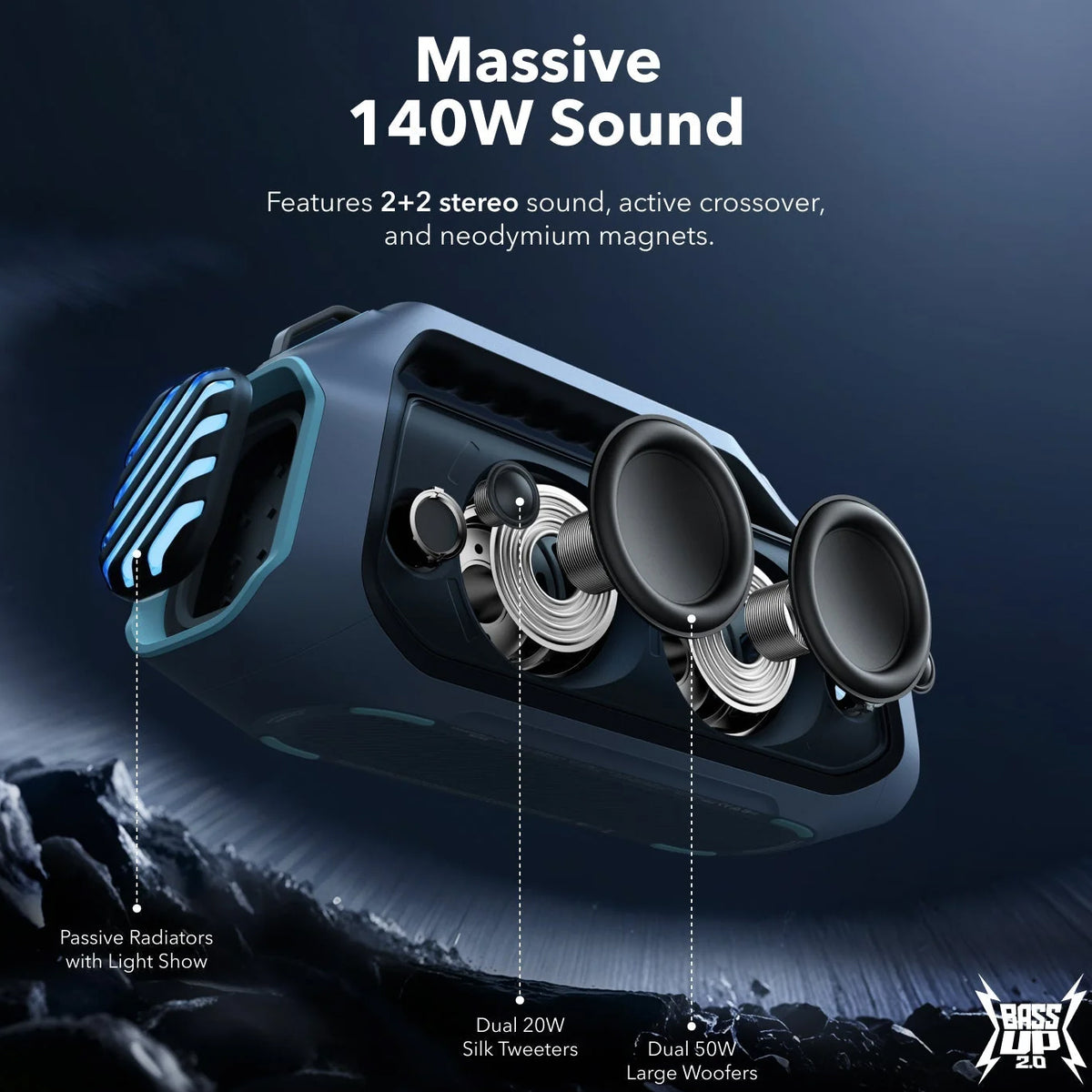 Prenosni Bluetooth zvočnik Anker SoundCore Boom 2 Plus, 140W, TWS, RGB, vodoodporen, modra A3134031