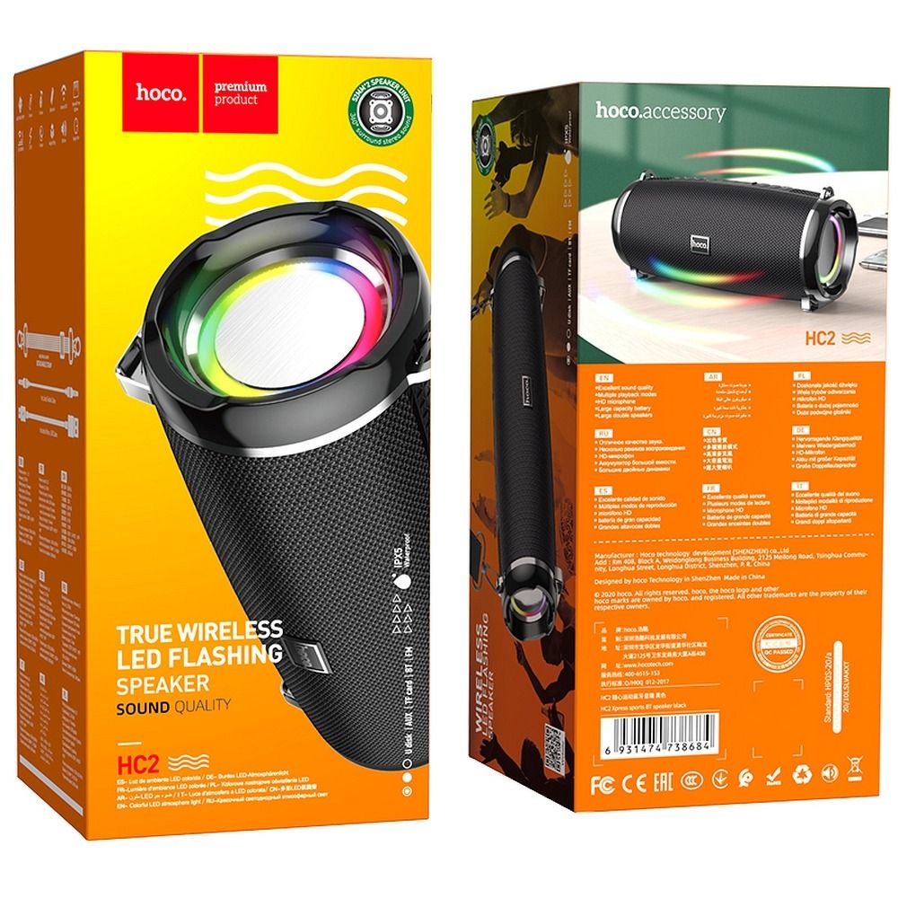 Prenosni Bluetooth zvočnik HOCO HC2, 2 x 5W, TWS, RGB, črn
