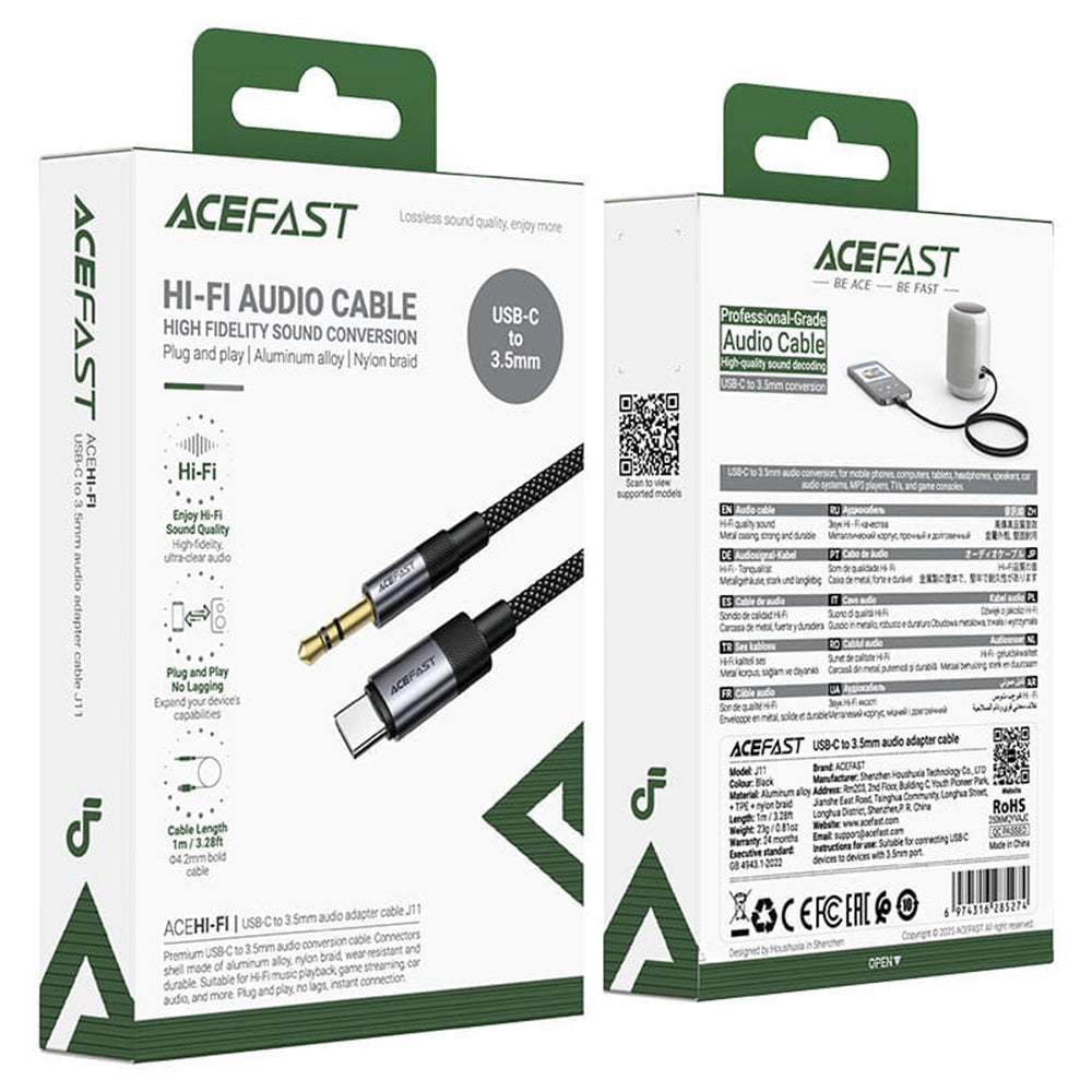 USB-C to 3.5mm Acefast J11 Audio Cable, 1m, Black
