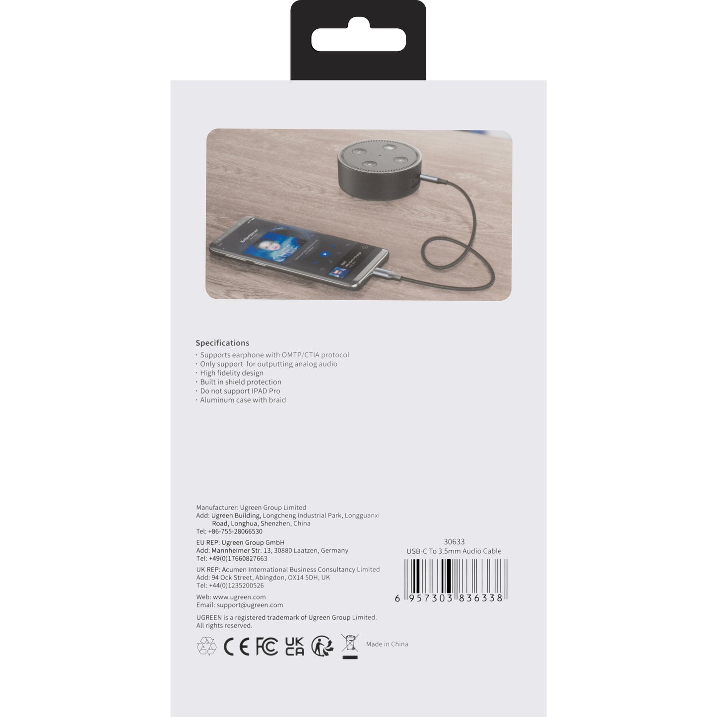 Audio kabel USB-C - 3.5mm UGREEN AV143, 1m, Siv