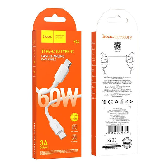 Podatkovni in polnilni kabel USB-C - USB-C HOCO X96, 60 W, 1 m, bel