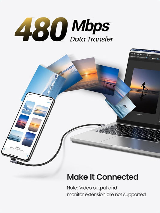 Podatkovni in polnilni kabel USB-C - USB-C UGREEN US334 kotni, 100 W, 2 m, črn