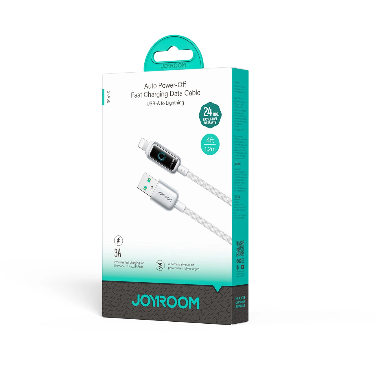 Kabel za podatke in polnjenje USB-A - Lightning Joyroom S-A55 StarFlight Display, 18W, 1.2m, Bel