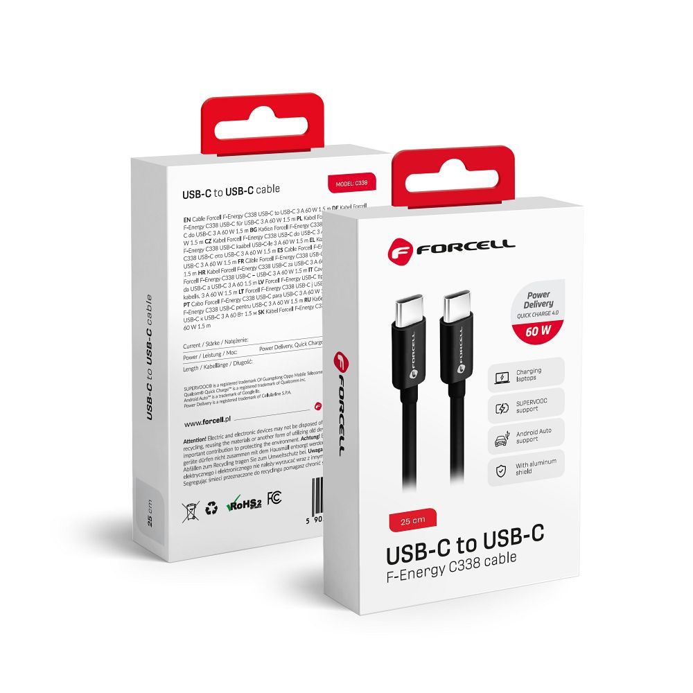Kabel za podatke in polnjenje USB-C - USB-C Forcell F-Energy C338, 60W, 0.25m, črn