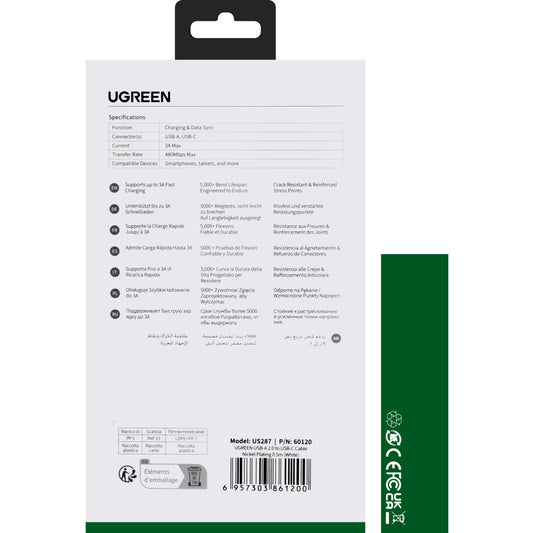 Kabel za prenos podatkov in polnjenje USB-A - USB-C UGREEN US287, 60 W, 0,5 m, bel