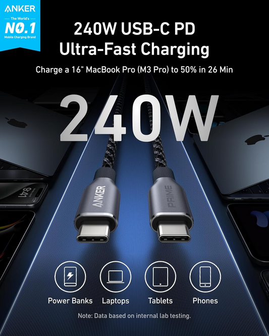 Podatkovni in polnilni kabel USB-C – USB-C Anker Prime, 240 W, 0,9 m, črn A88E2011