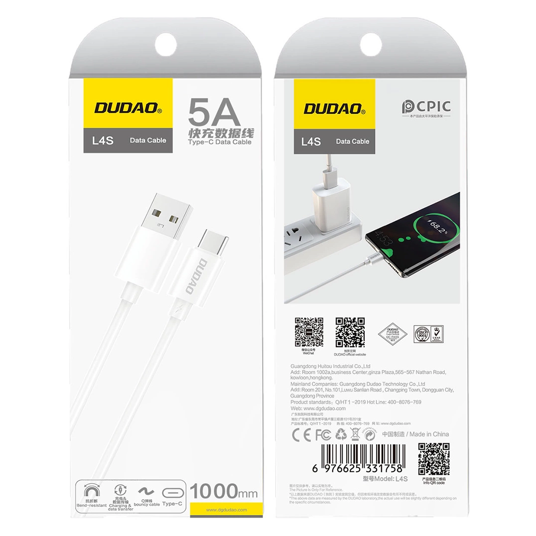 USB-A - USB-C podatkovni in polnilni kabel Dudao L4ST, 100W, 1m, bel