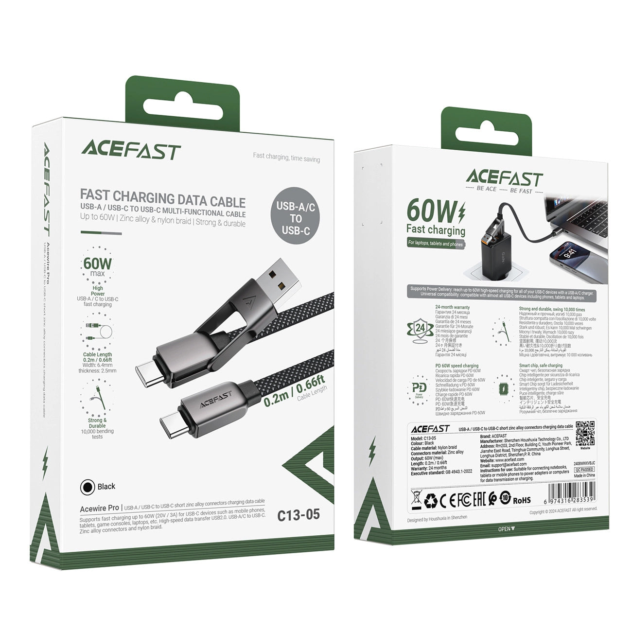 Kabel za podatke in polnjenje USB-C - USB-A / USB-C Acefast C13-05, 60W, 0.2m, črn