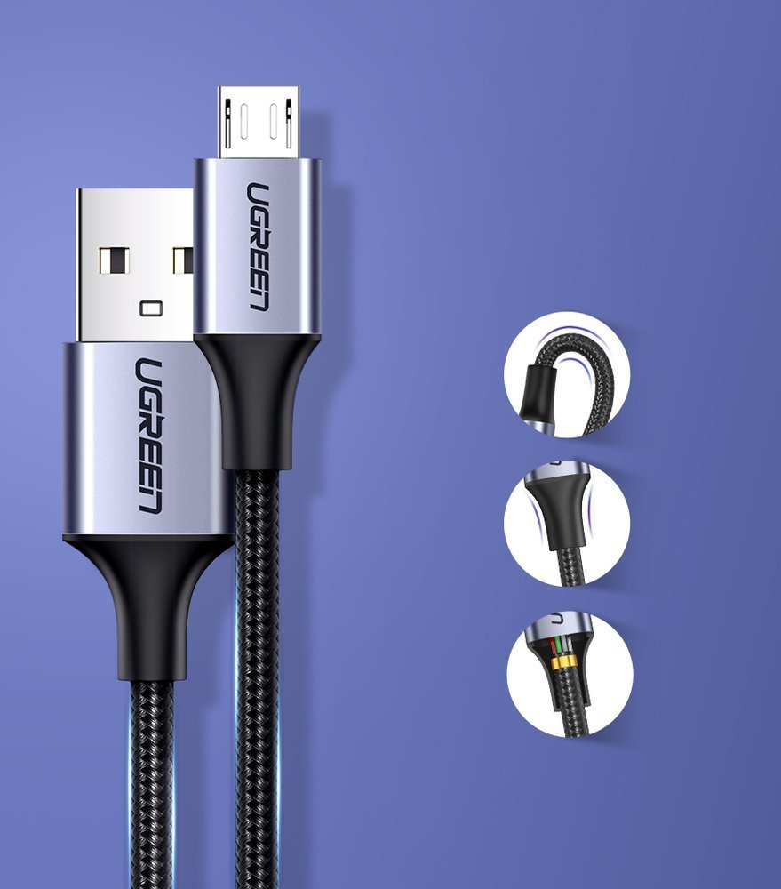 Podatkovni in polnilni kabel USB-A - microUSB UGREEN US290, 18W, 2m, Črn