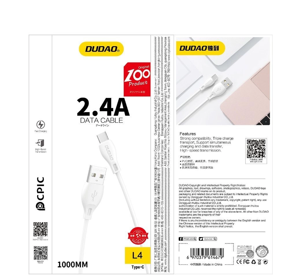 USB-A - Lightning podatkovni in polnilni kabel Dudao L4L, 18W, 1m, bel