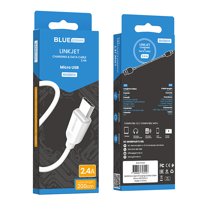 Podatkovni in polnilni kabel USB-A - microUSB BLUE Power BM2BX14 LinkJet, 18W, 2m, bel