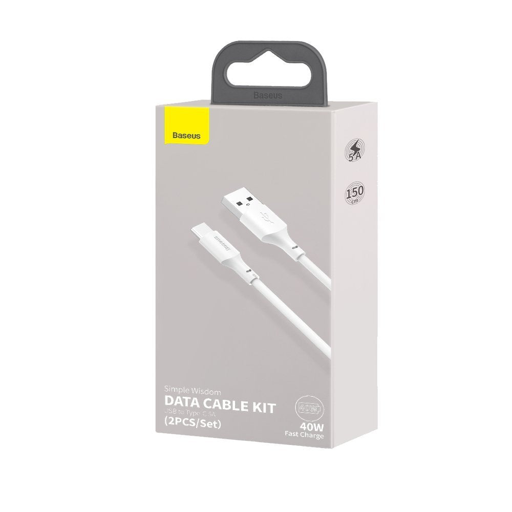 Kabel za prenos podatkov in polnjenje USB-A - USB-C Baseus, 40W, 1,5m, komplet 2 kosa, bel TZCATZJ-02