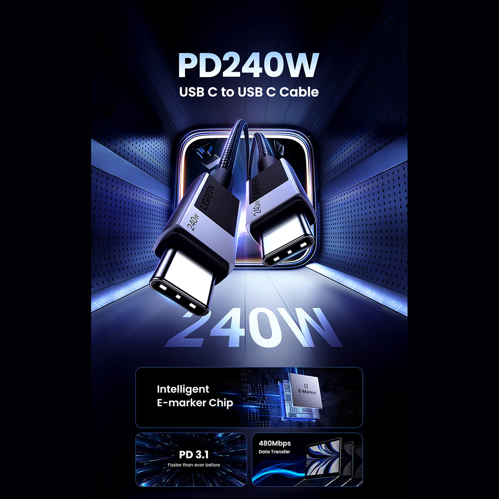 Kabel za prenos podatkov in polnjenje USB-C - USB-C UGREEN L513, 240W, 2m, črn