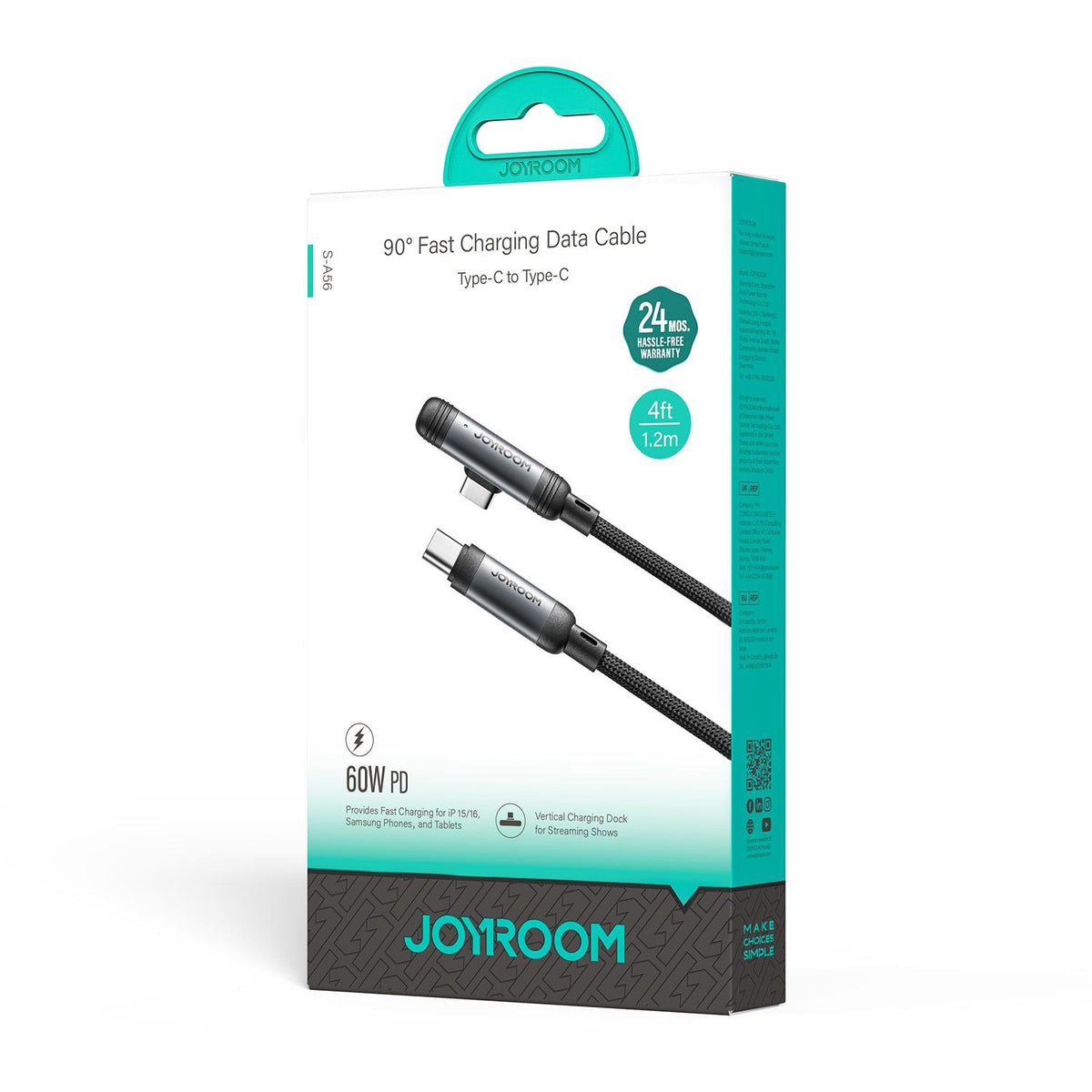 Kabel za prenos podatkov in polnjenje USB-C - USB-C Joyroom S-A56 EnjoyX Angled, 60W, 1.2m, črn