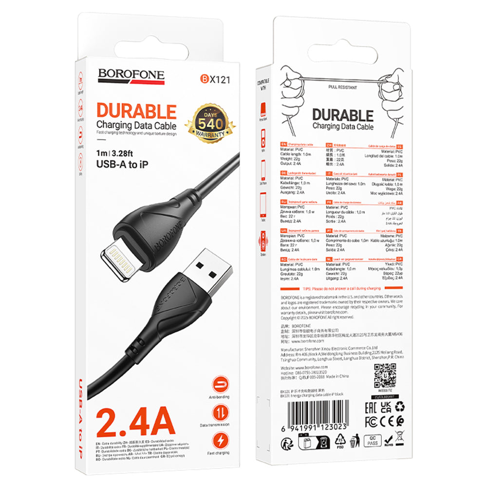 Podatkovni in polnilni kabel USB-A - Lightning Borofone BX121 Energy, 18W, 1m, črn
