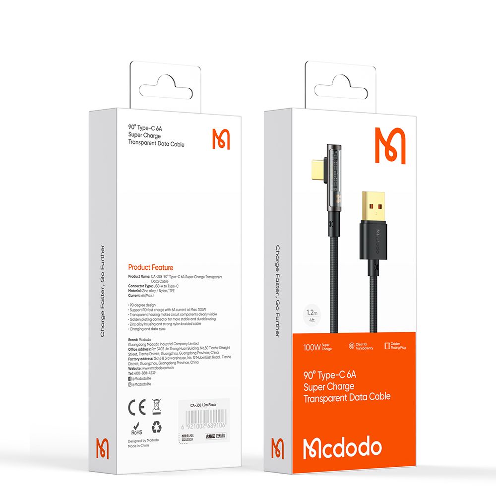 Podatkovni in polnilni kabel USB-A - USB-C McDodo CA-3380 Angled, 100W, 1.2m, Črn