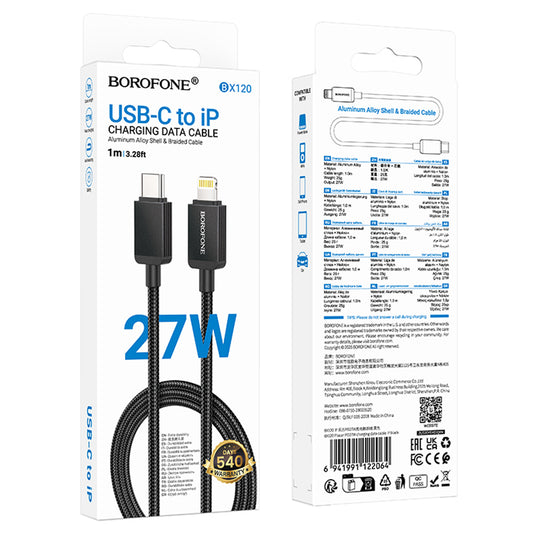 USB-C to Lightning Data and Charging Cable Borofone BX120 Placer, 27W, 1m, Black