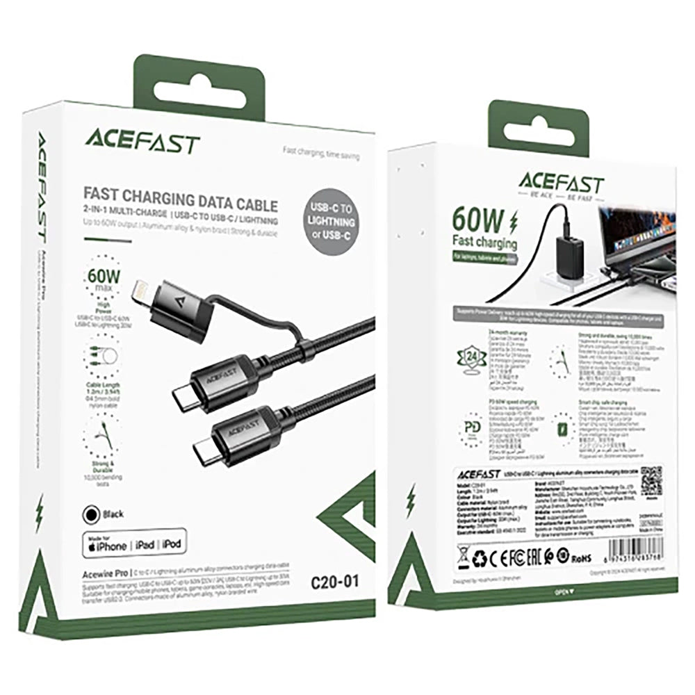 Kabel za podatke in polnjenje USB-C - Lightning / USB-C Acefast C20-01, 60W, 1.2m, črn