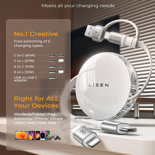 Podatkovni in polnilni kabel USB-C / USB-A - USB-C / Lightning Lisen, 60W, 1m, bel YL0123030001