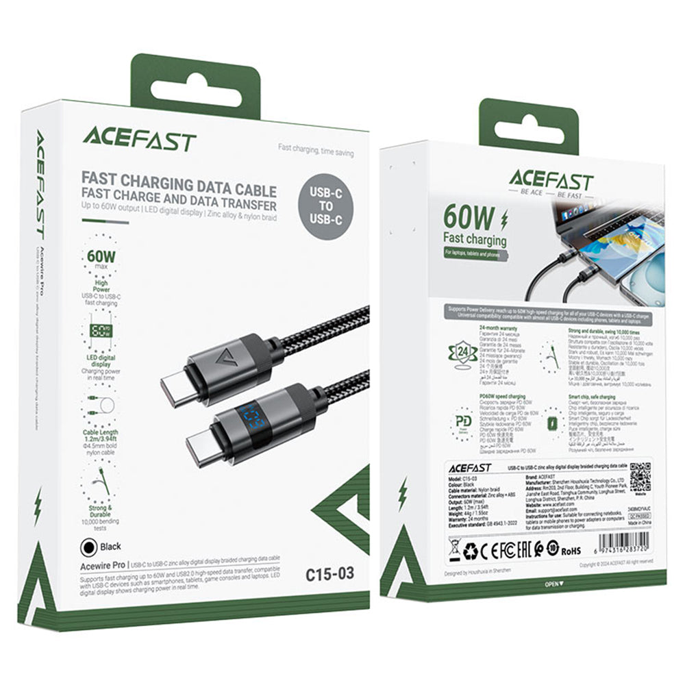 USB-C Data and Charging Cable - USB-C Acefast C15-03 Display, 60W, 1.2m, Black