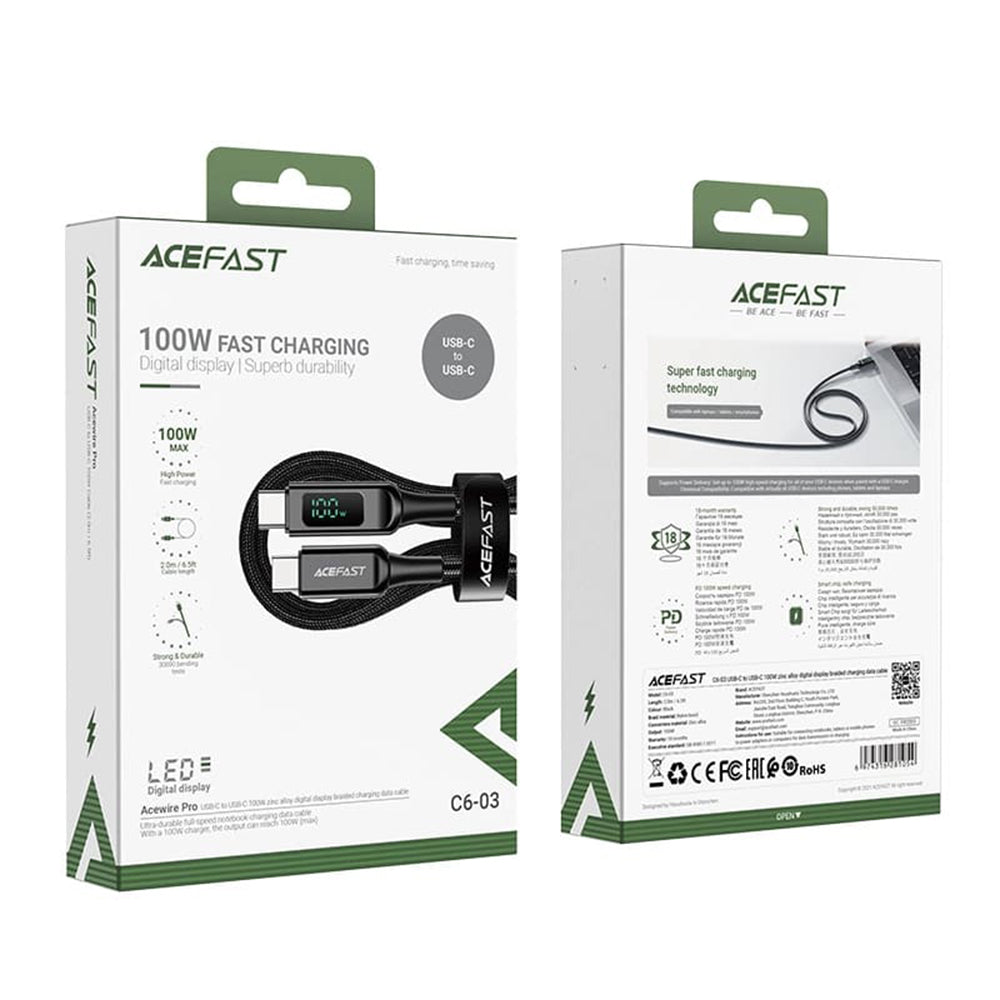 Kabel za podatke in polnjenje USB-C - USB-C Acefast C6-03 Display, 100W, 2m, črn