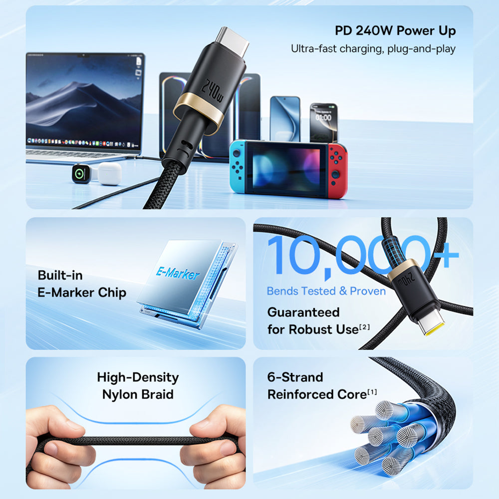 Podatkovni in polnilni kabel USB-C - USB-C Baseus Dura, 240W, 1m, Zlato Črn P10377803U03-00