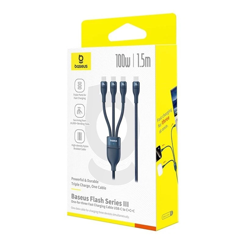 USB-C polnilni kabel - 3 x USB-C Baseus Flash Series III 3in1, 100W, 1.5m, Modra P10377503321-00