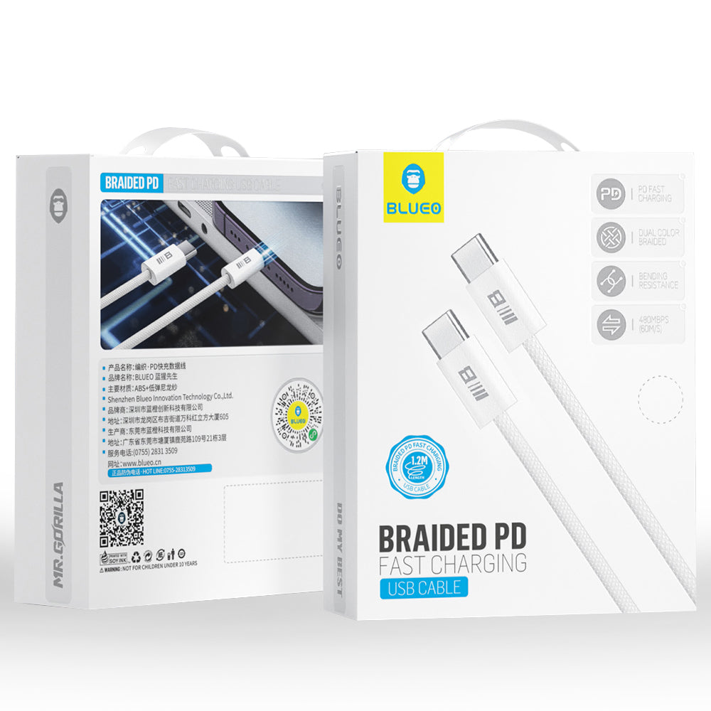 Kabel za prenos podatkov in polnjenje USB-C - USB-C Blueo, 100W, 1.2m, Bel