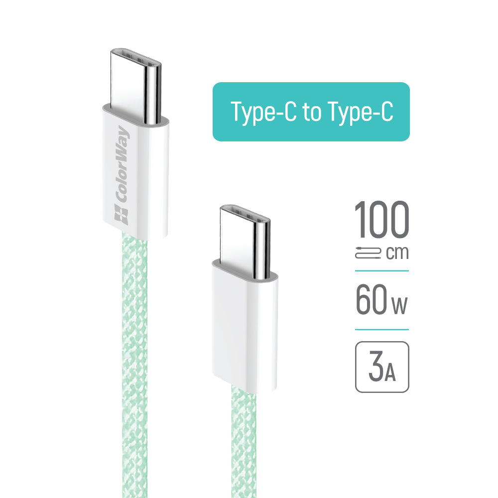 Podatkovni in polnilni kabel USB-C - USB-C ColorWay CW-CBPDCC061, 60W, 1m, zelen.