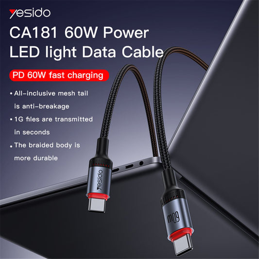 Kabel za podatke in polnjenje USB-C - USB-C Yesido CA181, 60W, 1.2m, črn