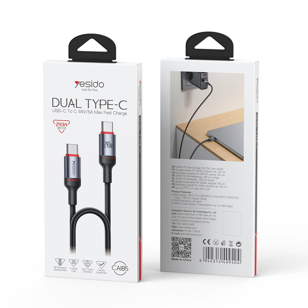Kabel za prenos podatkov in polnjenje USB-C - USB-C Yesido CA185, 240W, 1.2m, črn