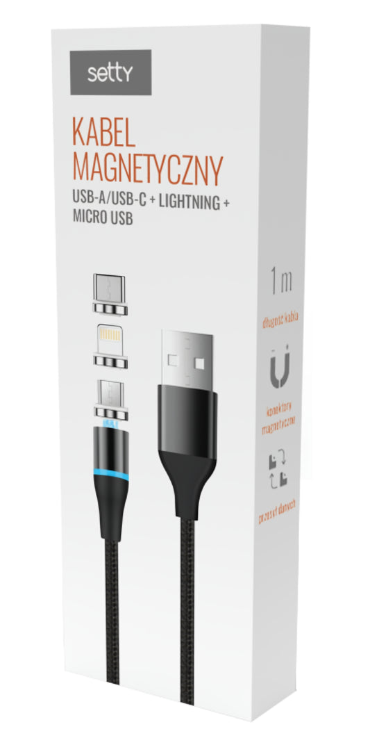 Polnilni kabel USB-A - Lightning / microUSB / USB-C Setty Magnetic DT 3in1, 12.5W, 1m, črn