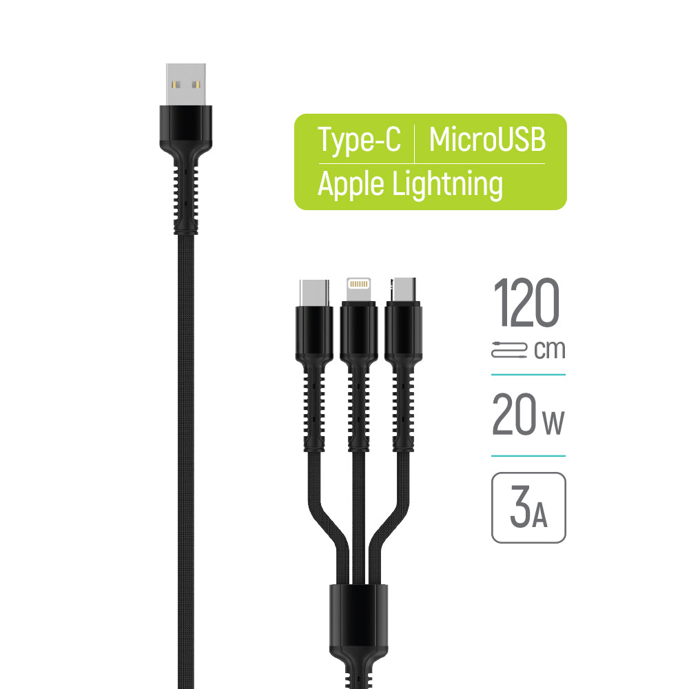 Polnilni kabel USB-A - Lightning / microUSB / USB-C ColorWay CW-CBU3003, 20W, 1.2m, Siv
