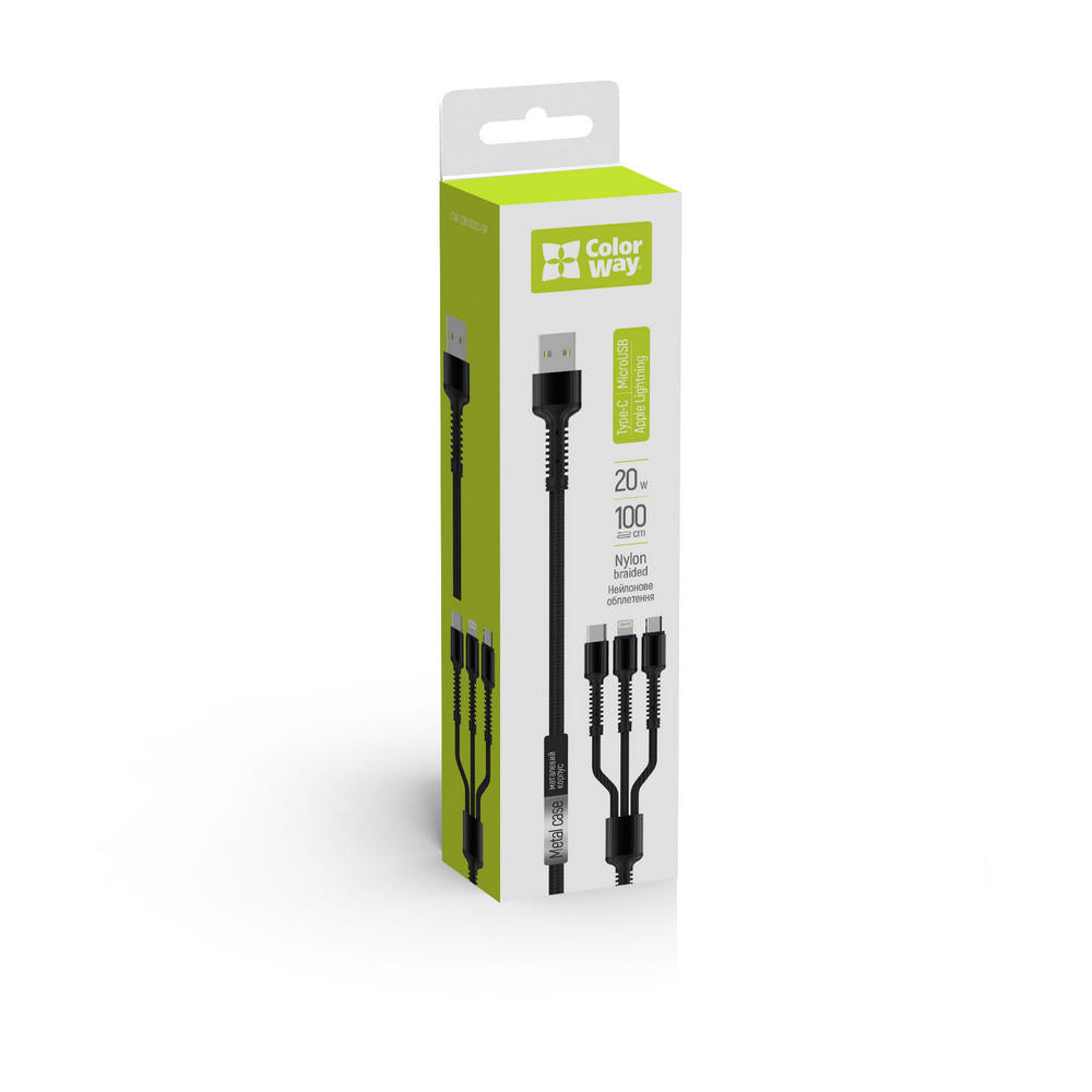 Polnilni kabel USB-A - Lightning / microUSB / USB-C ColorWay CW-CBU3003, 20W, 1.2m, Siv
